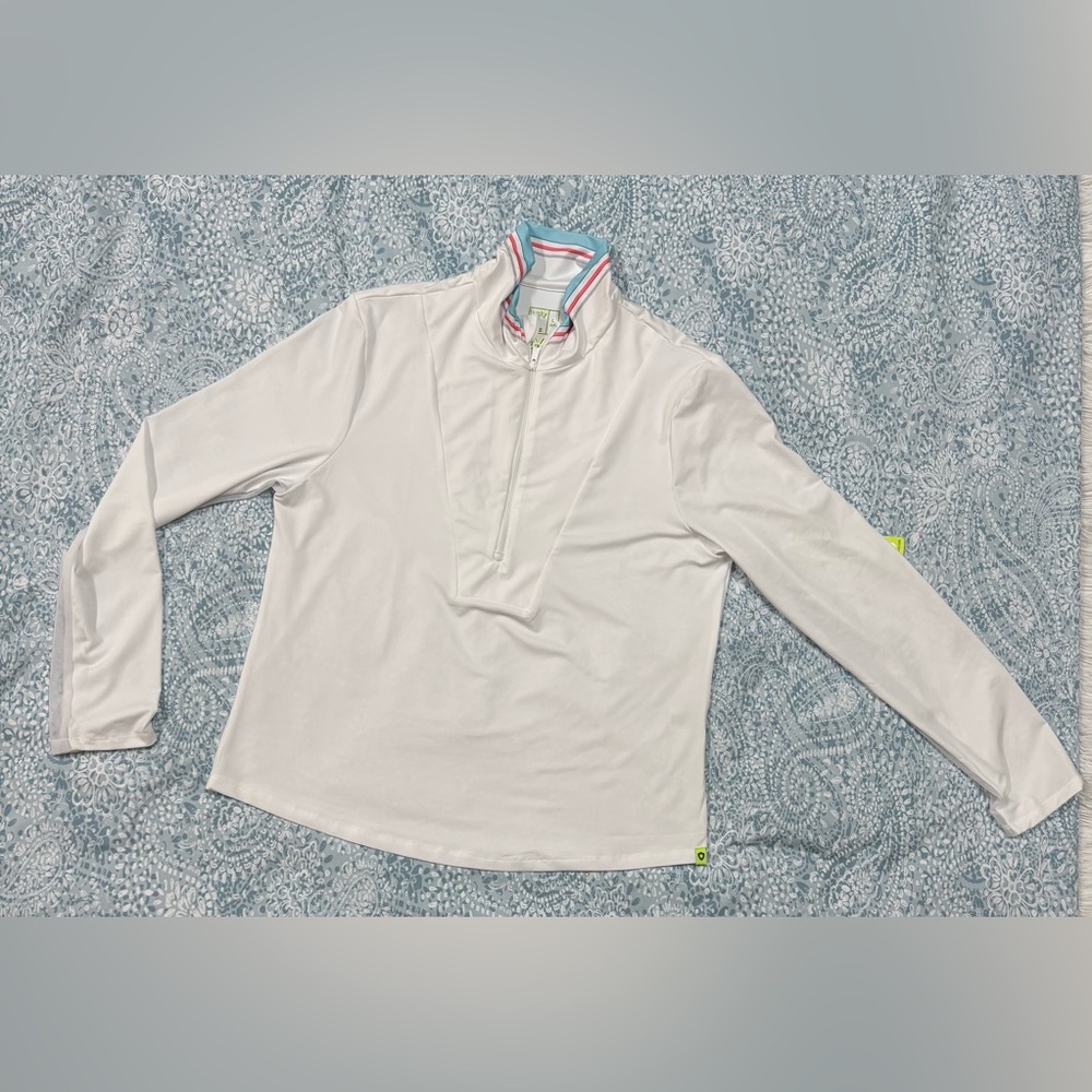 Lucky in Love White Long-Sleeve Zip Pullover with Striped Collar